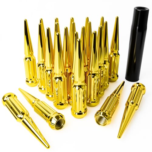 M14x1.5 Spiked Lug Nuts, 3/4" Hex Closed End Nut with 1 Socket Key, Wheel Spiked Lug Nuts for Silverado Sierra 1500 2500 3500, F150 F250 F350, Fit for Aftermarket Wheel (24Pcs,Gold)