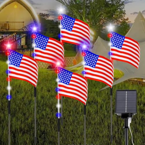 Image of 6 Flag Lights 4th of July Decorations 8 Lighting Modes, 6-in-1 American Flag Solar Lights, Memorial Day Decorations with Red White and Blue Lights for Independence Day Path Garden Decor Yard Pathway