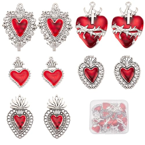 SUNNYCLUE 1 Box 20Pcs Valentines Day Heart Charms Gothic Style Sacred Heart Charms Bulk Antique Silver Red Thistles Thorns Fancy Enamel for jewellery Making Valentine's Day DIY Crafts Supplies