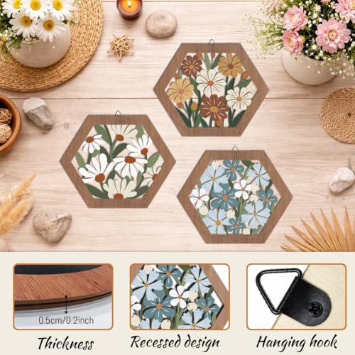 Impression d'art mural de fleurs cadre en bois suspendu hexagonal - 4