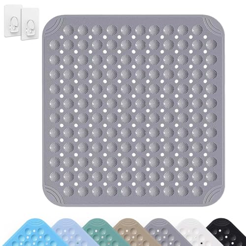 Alfombra de Ducha, 80 x 80 cm Antideslizante Ducha Cuadrada, Alfombrilla de Baño con Ventosa, Alfombrilla de Ducha Cuadrada Grande, Alfombrilla de Baño Antideslizante, para Baños, Cocinas(Gris)
