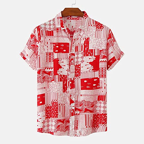 Chemise hawaïenne homme rouge vintage imprimé géométrique abstrait chic