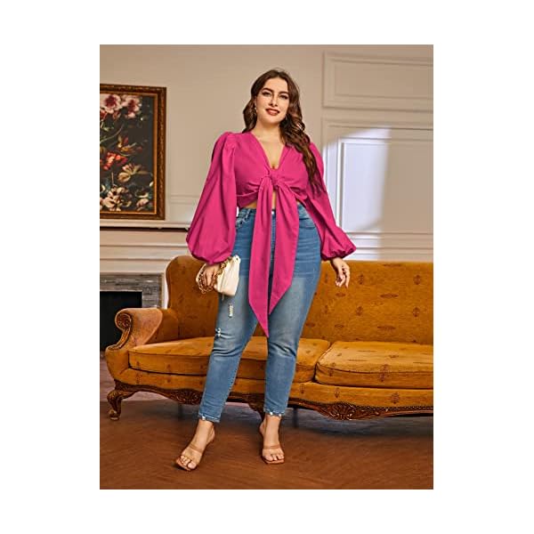MakeMeChic-Womens-Plus-Size-Lantern-Sleeve-Deep-V-Neck-Tie-Front-Blouse-Crop-Top MakeMeChic Women's Plus Size Lantern Sleeve Deep V Neck Tie Front Blouse Crop Top Hot Pink 3XL