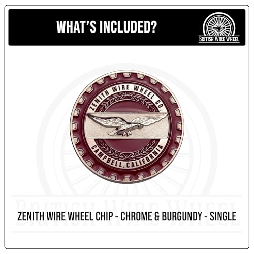 Image of Zenith Chrome & Burgundy Metal Wheel Chip Emblem (Single) | Triple Chrome Plated Solid Metal Wheel Chip Emblem, 2.25 inch | for Lowriders with Cut or Recessed Knock Off Spinner Caps