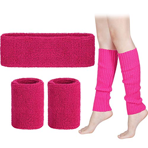 Leg Warmers Set Women 80s Neon Knit Leg Warmers Running Headband Wristbands (Rose Red)