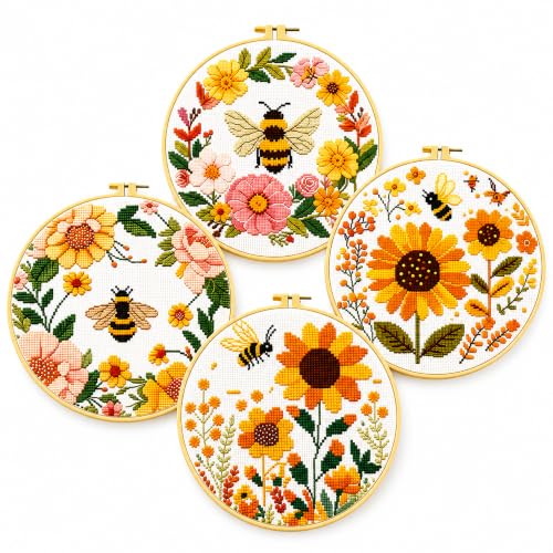 Image of Zhenqing Bee & Flower Garden Cross Stitch Kit for Beginners - 4 Pre-Printed Designs with Hoop, Threads & Complete Tools(68059)