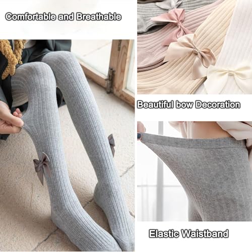 2PCS Toddler Tights Cable Knit With Bow Decoration,Girls Leggings Cotton Seamless Thick Pantyhose for Newborn Infant3