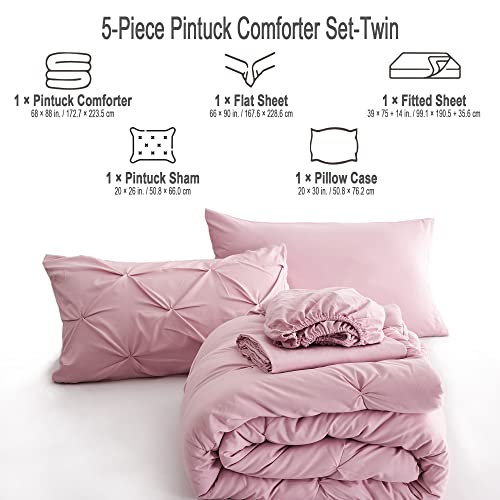 Ubauba 5pc Twin Size Comforter Set with Sheets, Pink Pintuck 5 Piece Bed in a Bag with Comforter, All Season Pinched Bedding Comforters & Sets (Pink,Twin)