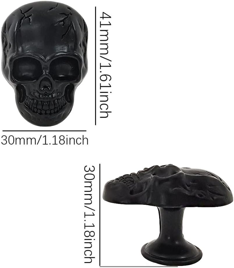 Black Metal Skull Drawer Knobs Pulls, Unique Skull Cabinets Knob Covers Decorative,Single Hole Handle for Dresser Closets Hardware Furniture Halloween Skull Kitchen Accessories 4Pcs (Black)