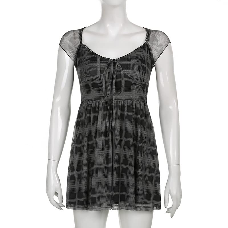 Image of Womens Summer Dresses Plaid Print Pattern A-Line Short Sleeve Mini Dress for Womens