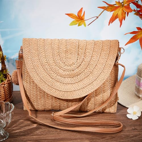 Image of GORGECFAFT Straw Shoulder Bag Straw Bag Clutch Crossbody Woven Wicker Clutch Bag with Two Balls Woven Purse Summer Beach Envelope Clutch Straws Wallet Rattan Bag for Women Travel Holiday