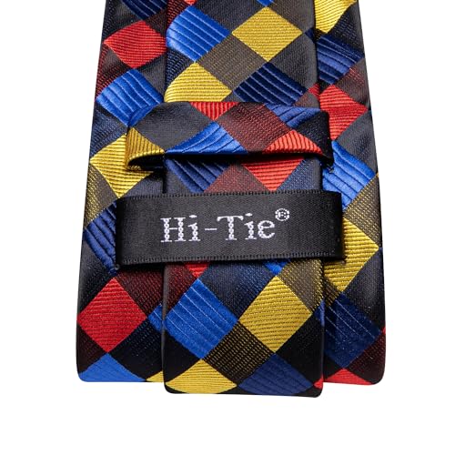Image of Hi-Tie Mens Plaid Ties Classic Paisley Necktie with Handkerchief Cufflinks Set Business Stripe Tie