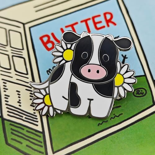 Image of Cute Cow Daisy Floral Enamel Pin, Black And White Cow With Yellow Daisies Lapel Pin for Backpacks Hat Jackets Badge