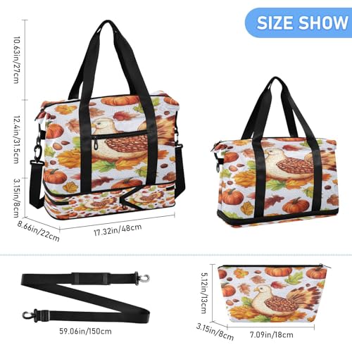Turkey Maple Leaves Thanksgiving Gym Bag for Women Sport Travel Duffel Bag Shoulder Weekender Overnight Bags with Wet Pocket & Shoe Compartment3