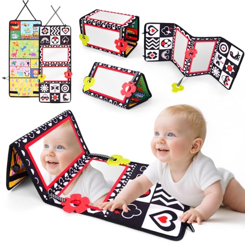Vicloon Tummy Time Mirror Toys for Babies Flip Mirror Foldable Baby Toys Double-Sided Baby Mirrors with High Contrast Patterns Black and White Babys Sensory Toys for Newborn 0-12 Months
