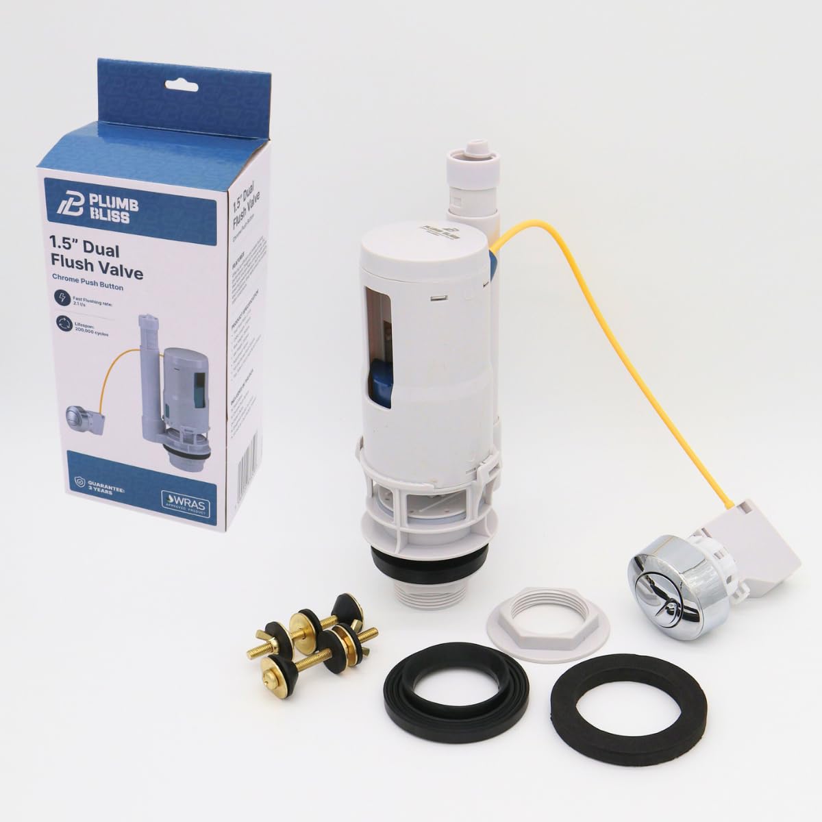 Plumb Bliss Colour May Vary 1.5" Dual Flush Valve With Chrome Push Button - Wras Approved Toilet Siphon Valve