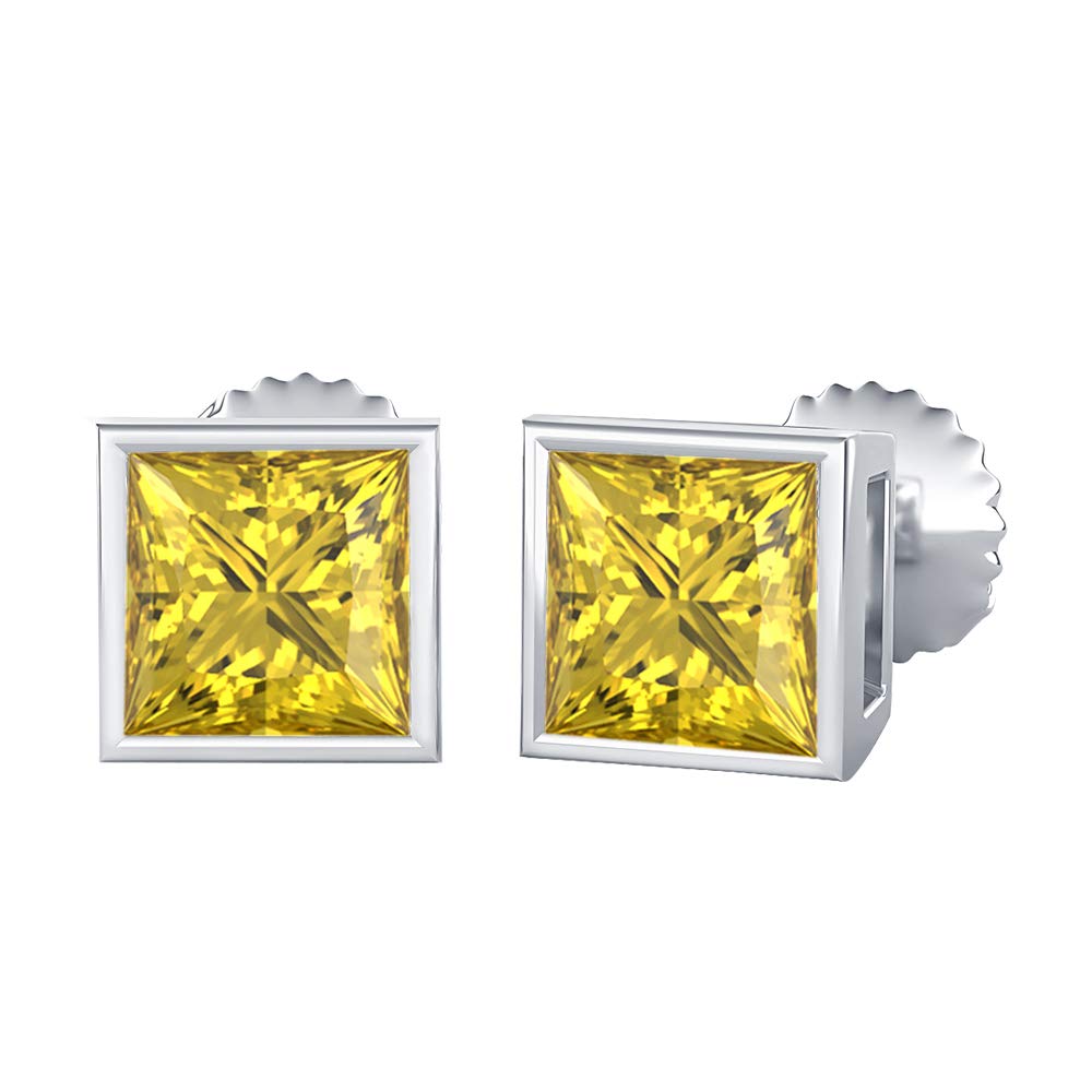 Bezel Set Princess Cut Created Gemstones (4MM) Solitaire Stud Earrings 14K White Gold Over .925 Sterling Silver