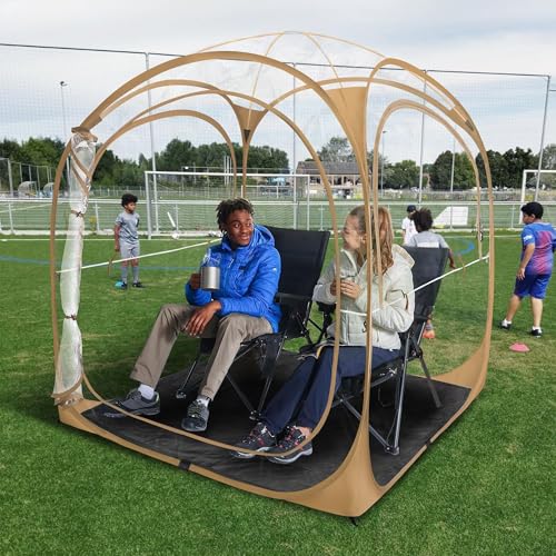 Baobrava Pop Up Sports Tent - Thick PVC, Scratch-Resistant Bubble Clear Tent, Instant Weather Proof Pod with Extra Top Cover for Soccer, Football Games, Outdoor Events, 1-2 Person