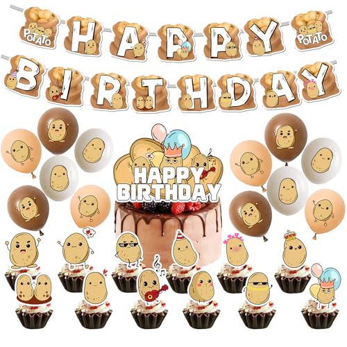 Finypa Fournitures de fête d'anniversaire avec pommes de terre de dessin animé comprenant une bannière « Happy Birthday », une décoration de gâteau, des...