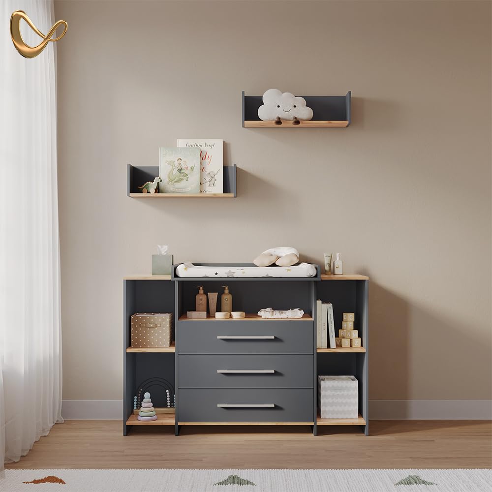 Livinity Commode à Langer Torino, Anthracite/chêne doré, avec 3 tiroirs