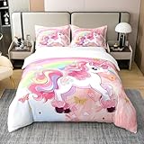 richhome Housse de couette 3 pièces 100 % coton, housse de couette respirante à rayures Rainbiw avec 2 taies d'oreiller, motif licorne rose, papillon doré pour très grand lit