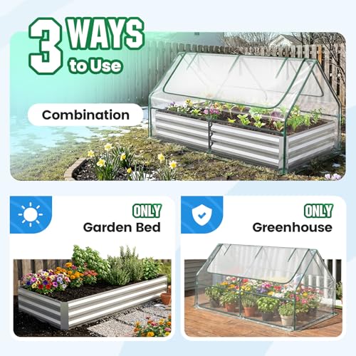 Image of Quictent Raised Garden Bed with Cover Outdoor Galvanized Metal Planter Box Kit, w / 2 Large Screen Windows Mini Greenhouse 20pcs T Tags 1 Pair of Gloves Included for Growing Vegetables 6x3x1ft (Clear)
