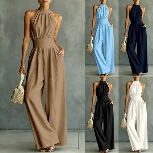 Mono halter de pierna ancha elegante para invitadas de boda de verano 2