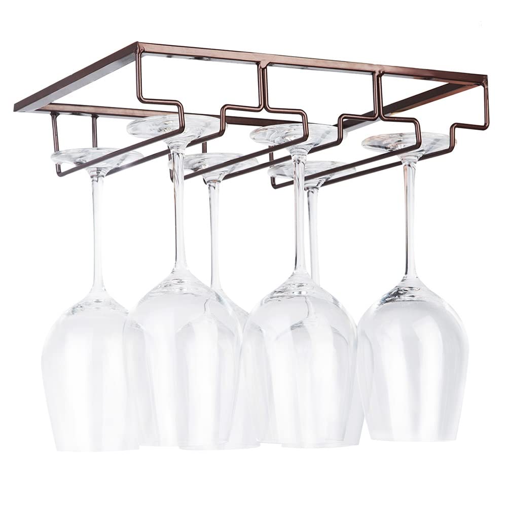 FOMANSH Soporte para copas de vino, para debajo del mueble, organizador de metal para bar o cocina, Marrón
