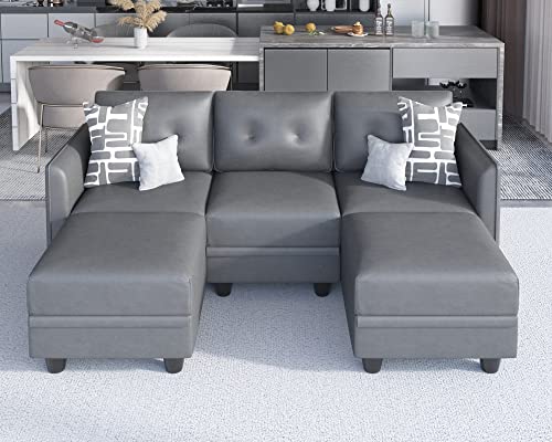 LLappuil Convertible Modular Sofa Faux Leather Fabric U Shaped Sectional with Double Reversible Chaises 5 Seater Storage Sofa Couch Sleeper with Ottomans, Dark Grey LLappuil Convertible Modular Sofa Faux Leather Fabric U Shaped Sectional with Double Reversible Chaises 5 Seater Storage Sofa Couch Sleeper with Ottomans, Dark Grey
