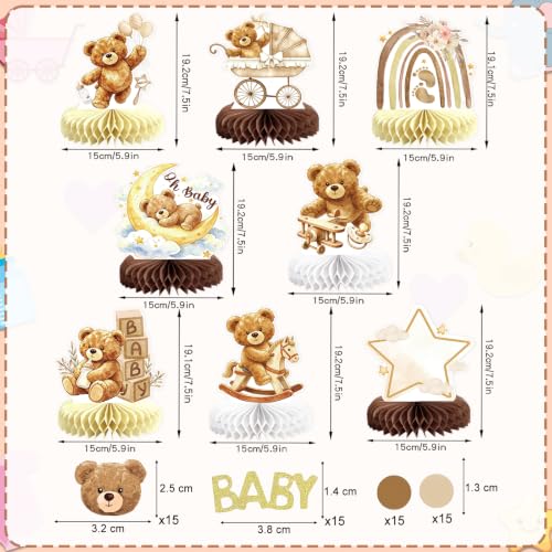 Image of 8Pcs Bear Baby Shower Gender Reveal Decorations Honeycomb Centerpieces, Confetti Baby Shower Table Decorations Birthday Party Table Centerpieces Toppers Party Decor (Brown)