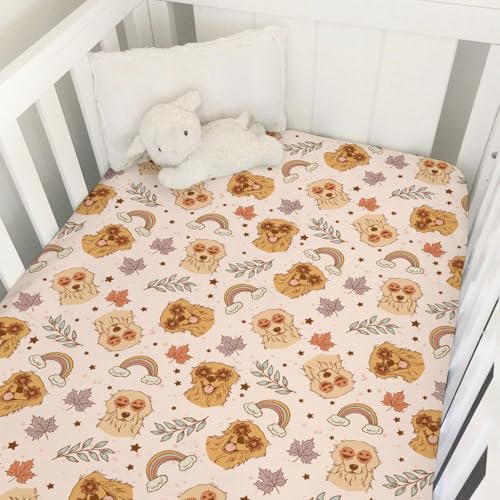 Image of Fall Dogs Baby Crib Sheet 52''x28'' Golden Retriever Boho Rainbow Leaves Stretchy Fitted Crib Mattress Cover for Boy Girl Dogs Lovers Gift Soft Baby Bed Sheet for Standard Crib Toddler Mattress