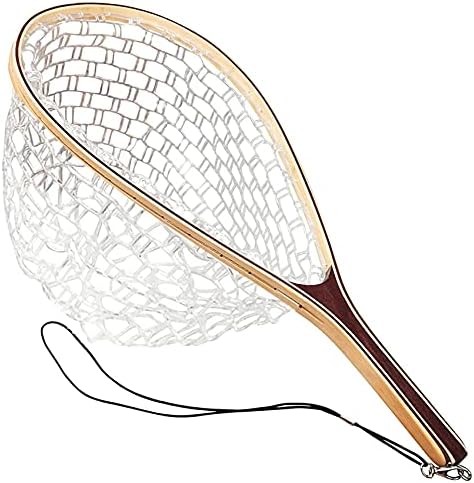 FISHARE Fly Fishing Landing Net, Wooden Frame Fish Net with Clear Soft Rubber Mesh for Trout Fishing Catch and Release