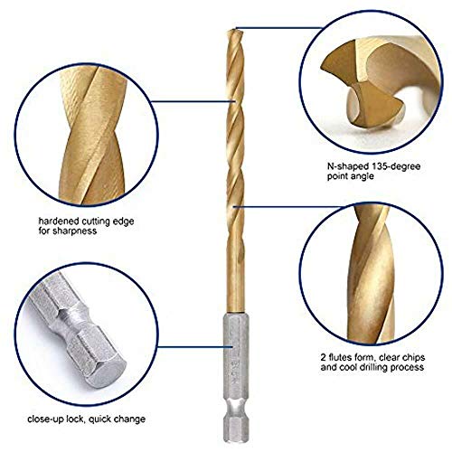 Drill Bit Set Titanium Coated Quick Change Hex Shank Drill Bit Set For Wood Soft Metal Plastic Improved Design 1/16” To 1/4” Holder Included Twist Drill Bit Set High Speed Steel #TOP2