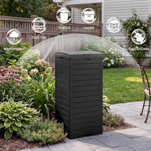 WTFGO Outdoor Trash Can with Lid, Waterproof Plastic Outdoor Garbage Can with Drip Tray,Large Trash Can Outside for Patio, Garage, Pool, Garden, Backyard & Deck, Black (32 Gallon) - image 4