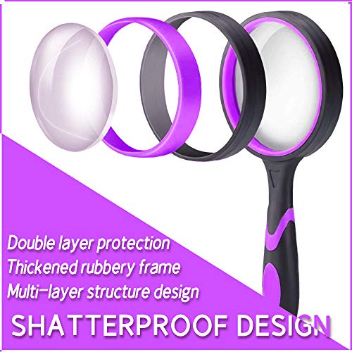 2Pcs 10X Handheld Magnifying Glass Authentic For Kids Seniors, 75Mm Thickened Magnifying Lens & Non-Slip Handle With Rope Reading Magnifier For Book Reading, Hobby Observation, Science (Purple+Orange) #TOP2