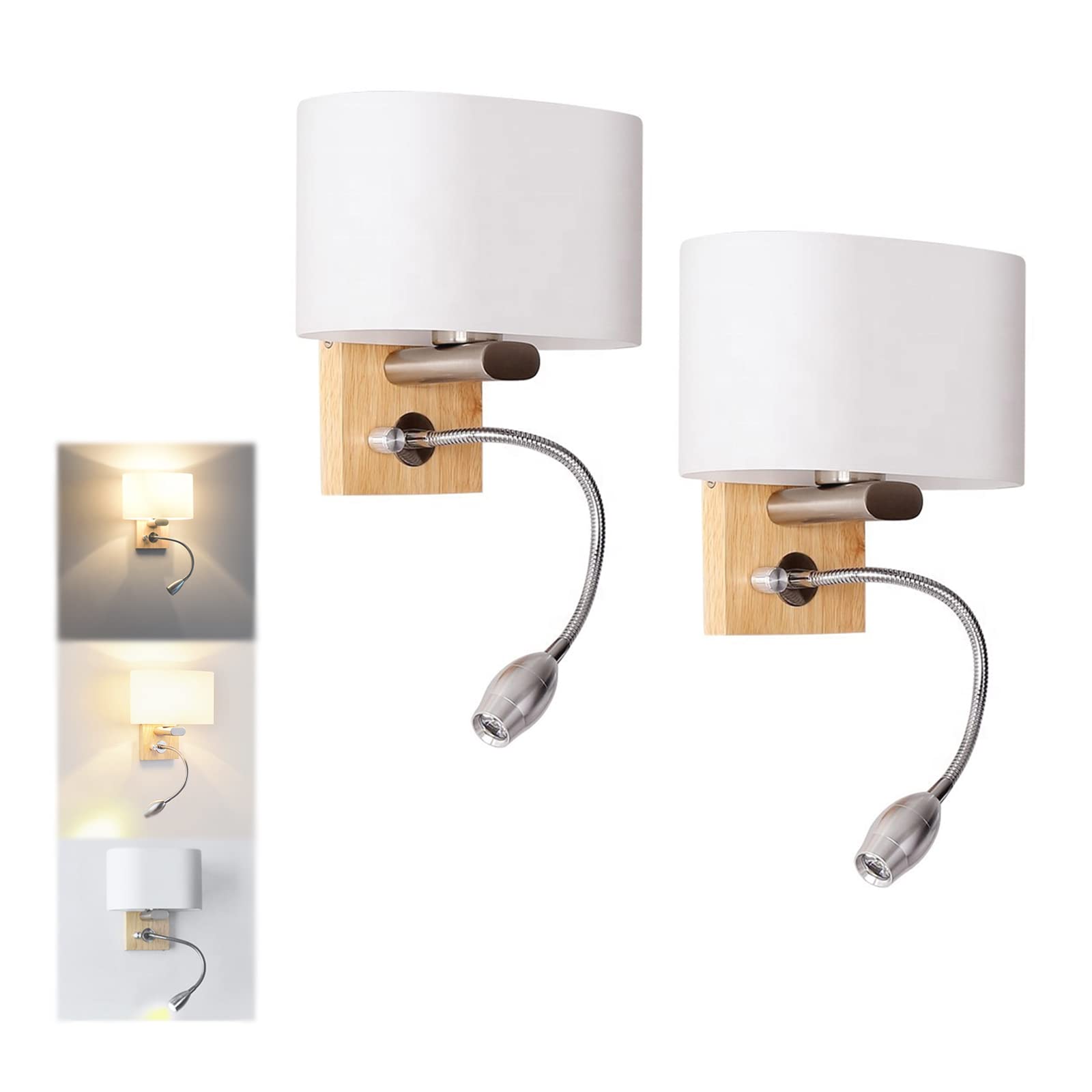 Luminaire Applique Murale Bois Avec Interrupteur Lampe Lecture Murale LED Tube Metal Cygne Flexible Réglable Abat Jour Verre Liseuse Chevet Murale Douille E27 Salon Étude Chambre Adulte (2 pack)