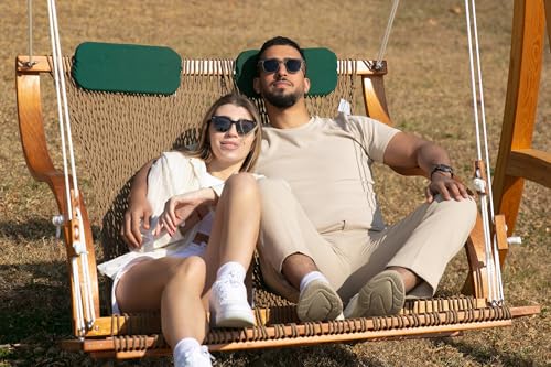 Image of SANIWERKE Porch Swing for 2, Double Hammock Swing with Footrest & S-Armrest, Adjustable Hanging, Durable Rope Net&Thick Wood, 650LBS, 50 inch Wide, Luxe Reclining Duo Swing for Casual Living(Rich Mocha)