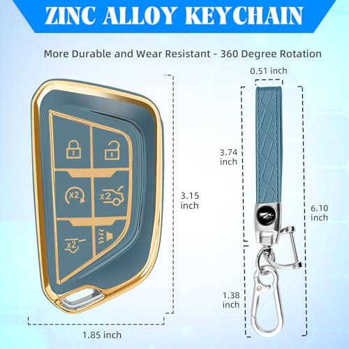 Image of QBUC for Cadillac Key Fob Cover with Leather Keychain (Gold Trim Blue) | Soft TPU Protection Case Compatible with 2020-2026 Cadillac Escalade Lyriq Optiq 6-Buttons