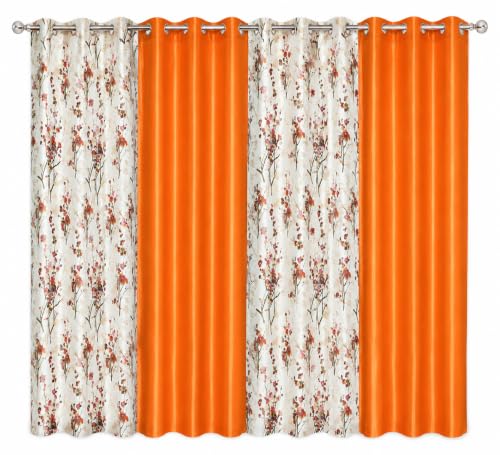 Image of 5 Feet Polyester Floral Light Filtering Window Curtains for Living Room, Bedroom & Dining Room, Eyelet Top, Orange Printed and Solid Plain Curtain Set of 4