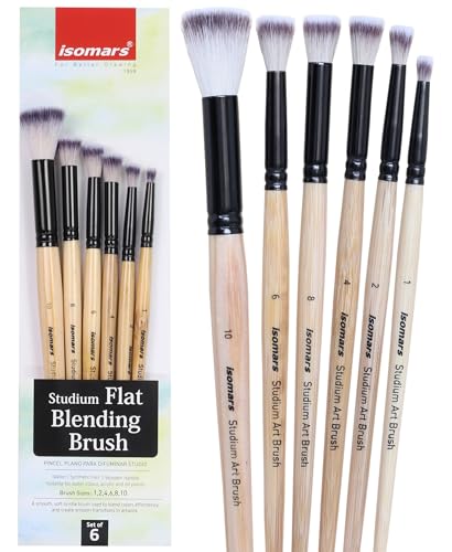 Image of Isomars Studium Flat Blending Brush Set of 6 for Artists - Professional Paint Brushes for Blending & Smooth Transitions - Ideal for Watercolor, Acrylic & Oil Painting - Sizes 1, 2, 4, 6, 8, 10