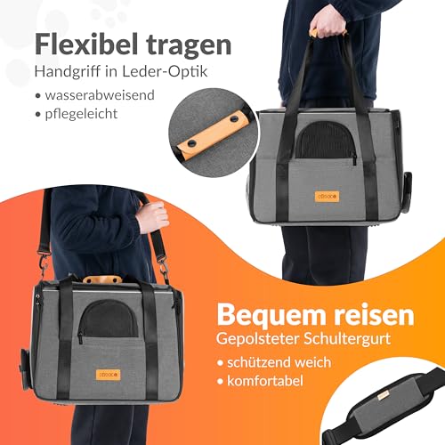 CADOCA® Transportbox Katzen bis 20kg faltbar Sonnen- und Regendach Schultergurt mit Napf Atmungsaktiv Komfortabel Wendekissen Haustier Katzenbox Tragetasche Hunde Auto Grau