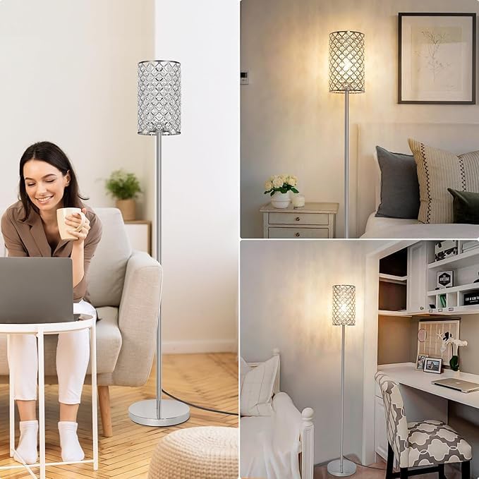 Lampada Da Terra In Cristallo - Base E27, Interruttore A Pedale, Design Moderno Per Salotto | Argento, 164 Cm - Foto 7