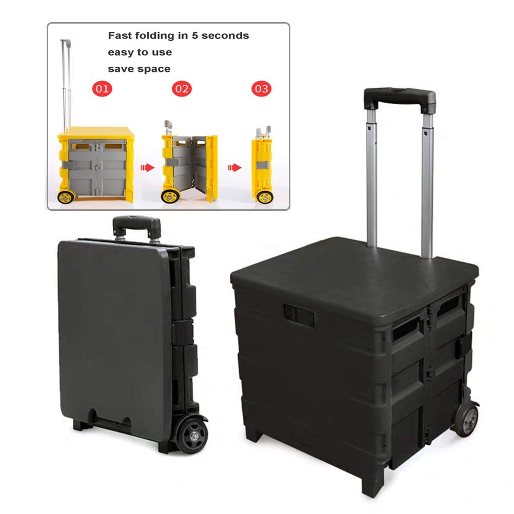 Carretilla con Caja Plegable Carrito De Compras Plegable De Plástico, 2 Ruedas Plegable Carretilla con Asa Telescópica, Transportwagen con Caja De Almacenamiento Tapa, 40kg- 45L Apoyo For Carga / 65L