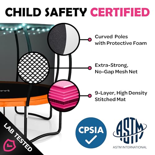 Image of JoyBerri Upsurge Trampoline Outdoor - ASTM Certified Safe 8Ft 10Ft 12Ft 14Ft 15Ft 16Ft Recreational Trampoline for Kids and Adults. Anti-Rust Coating with Enclosure Net, Ladder, Sprinkler & LED Lights