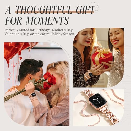 Image of JR.DM Rose Gold Watch Bands and 3Pcs Bracelet Set for Women Compatible with Apple Watch 38 /40 /41 /42mm(S10 /11) Adjustable Metal Dressy Single Chain Strap for iWatch Series 11 /10 /9 /8 /7 /6 /5 /4 /SE /3 /2 /1