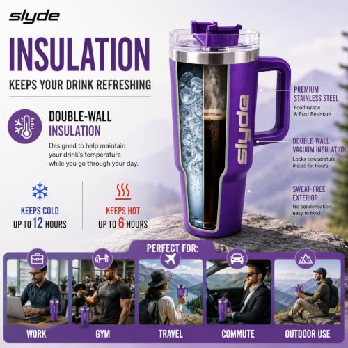 Image of Slyde 1200ml Stainless Steel Insulated Tumbler with Handle | Double Wall Vacuum Travel Mug | Leakproof Lid | Includes 2 Straws (1 Stainless Steel & 1 Plastic) Purple