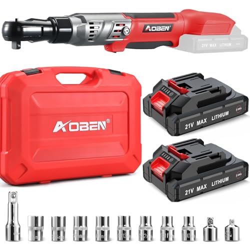 AOBEN 21V 3/8' Cordless Ratchet Wrench Kit-74 Ft-lbs Brushless Electric Power Ratchet with Variable Speed, 2X2000mAh Lithium-Ion Battery, Charger, 8 Sockets, 1/4' & 1/2' Adaptors, 3' Extension Bar