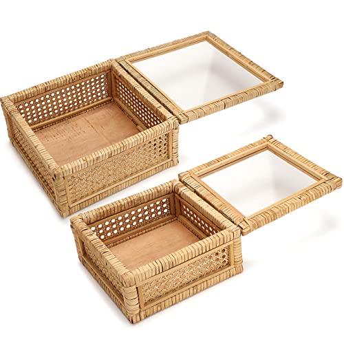 Amyhill Set Of 2 Boho Rectangular Rattan Decorative Boxes With Glass Lids Woven Cane And Rattan Display Boxes With Lids Storage Basket Bins For Home Decor (12 X 12 X 6 Inch, 9 X 9 X 4.5 Inch) #TOP6