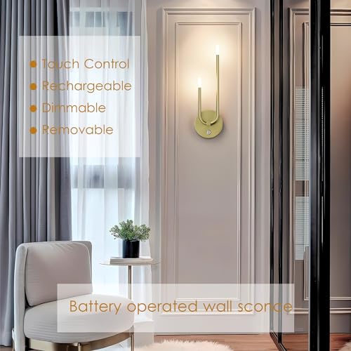 Image of Aipsun Gold Battery Operated Wall Sconce Set of 2, Modern LED Rechargeable Wall Sconce Stepless Dimming Wireless Wall Lights for Bedroom,Living Room,Hallway Warm Light 3000K