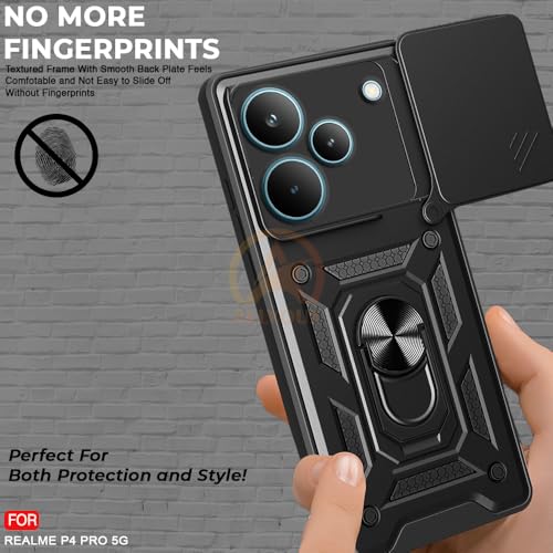 Image of Armor Bumper Back Cover Case for Realme P4 5G Pro Rotating Camera Cover, Ring Holder & Kickstand | Heavy Duty & 360 Degree Protection Realme P4 5G Pro Back Cover (Black)